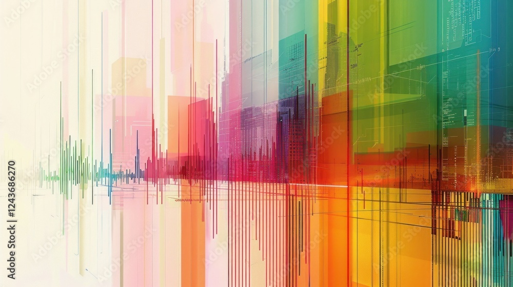 Poster an abstract visualization of data with colorful bars and lines. stock photo --ar 16:9 --style raw --