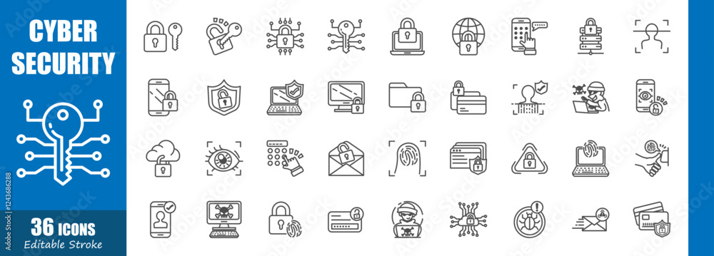 Poster cybersecurity . technology outline icon collection . editable stroke . vector .