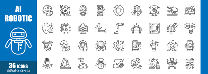 Artificial intelligence and Robotics . Technology outline icon collection . Editable stroke . Vector .