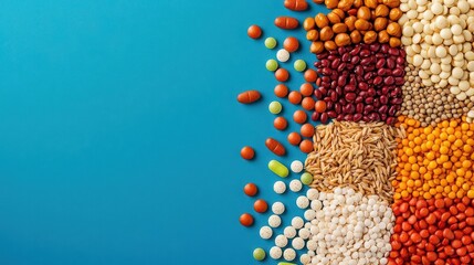 Bold, colorful arrangement of vitamins intertwined with whole grain elements, creating a striking visual contrast