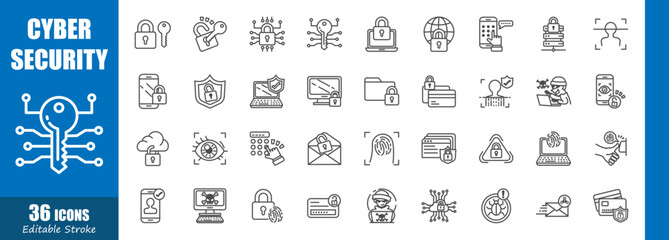 Cybersecurity . Technology outline icon collection . Editable stroke . Vector .