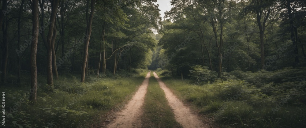 Poster serene forest pathway with lush greenery and expansive space for text overlay