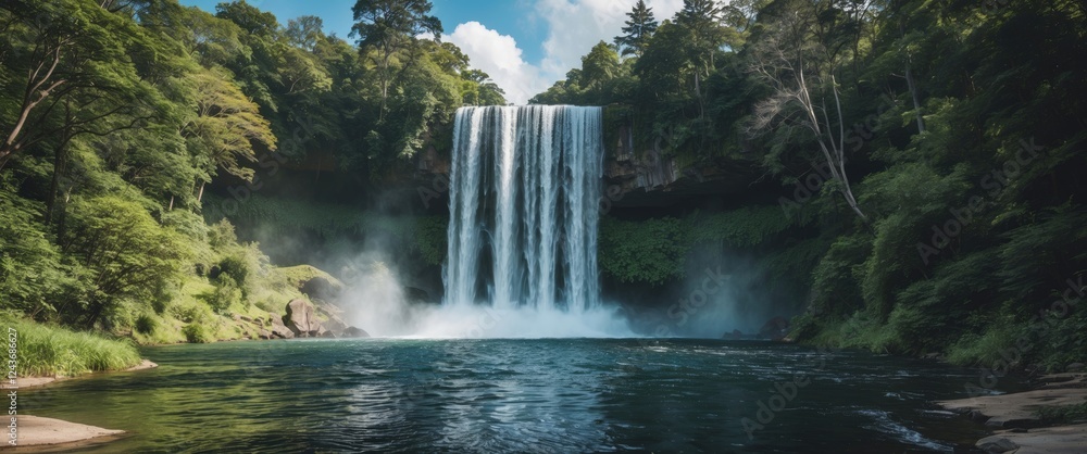 Poster majestic 4-story waterfall cascading into serene pool surrounded by lush greenery with space for ove