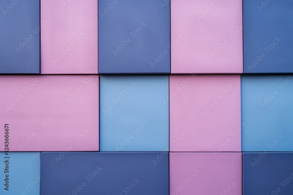 Aufkleber pink and blue square tiles creating a modern geometric pattern on a building facade, ideal for archi