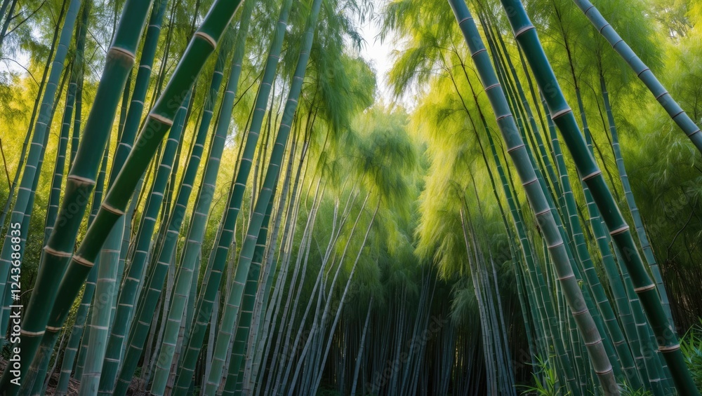 Poster majestic view of sloping bamboo trees in a lush forest creating a tranquil and serene natural atmosp