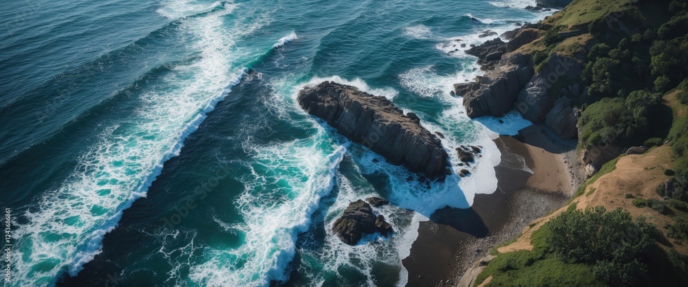 Poster aerial view of rocky coastline with crashing waves and inviting text space for creative layouts
