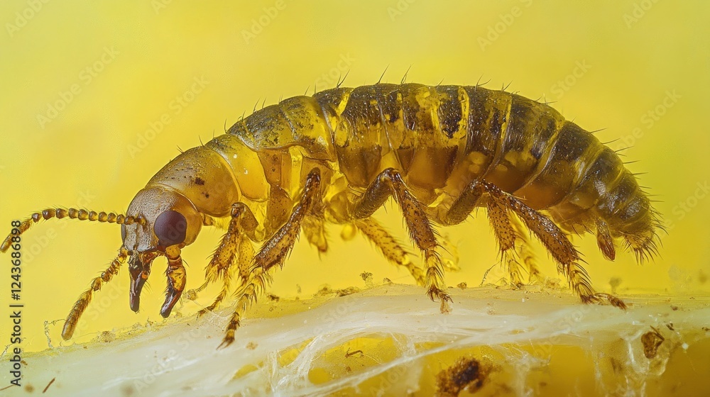 Poster a close-up of a tiny insect preserved in amber, showcasing its intricate details.