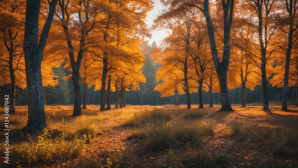 Poster autumn forest with vibrant orange trees surrounded by soft light and open space for text or graphics