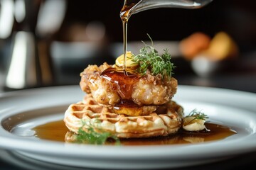 A hearty plate of chicken and waffles with maple syrup drizzled over the top