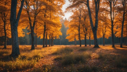 Obraz premium Autumn Forest with Vibrant Orange Trees Surrounded by Soft Light and Open Space for Text or Graphics