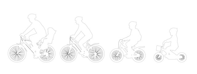 Contour of people on bikes, family leisure. Vector illustration