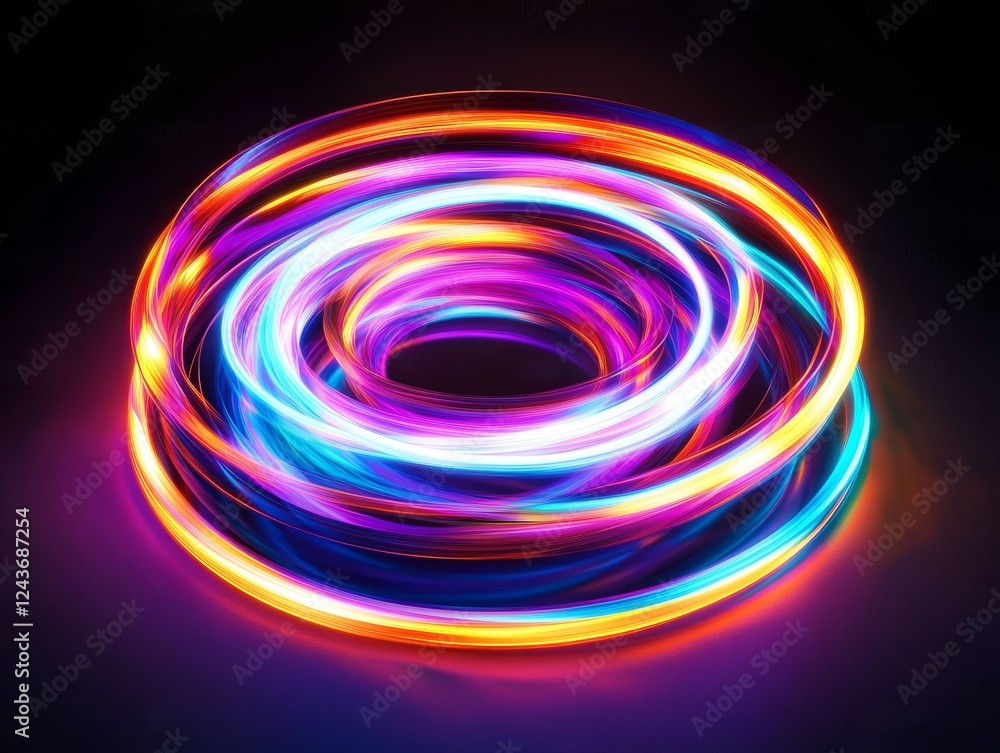 Poster the colorful neon rings merge to create a stunning array of colors in a dynamic swirl, glowing brill