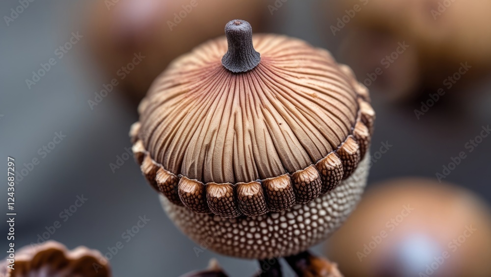 Poster macro shot of kermes oak acorn detailing intricate cap texture and natural patterns emphasizing its 