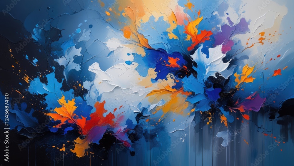 Poster vibrant abstract painting with bright color splashes and dynamic textures ideal for contemporary art