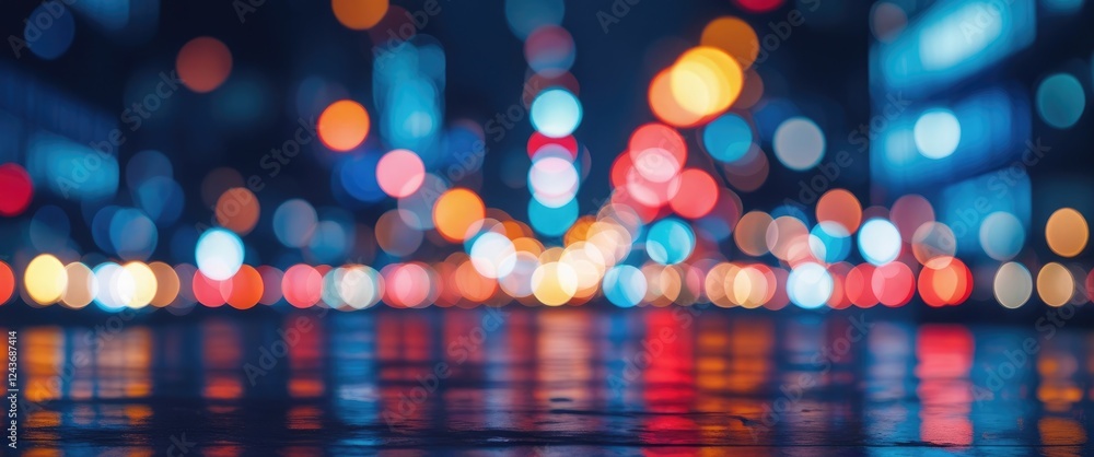 Poster bokeh effect transforms city lights into vibrant orbs of color creating an abstract tapestry of urba