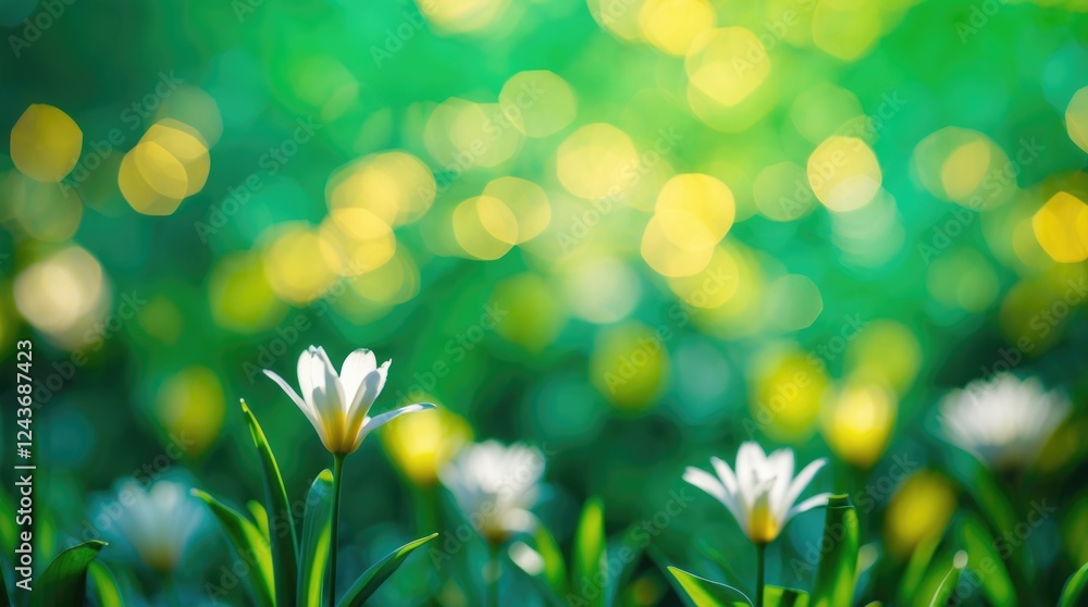 Poster springtime bokeh background with abstract blur effect showcasing green colors and delicate white tul