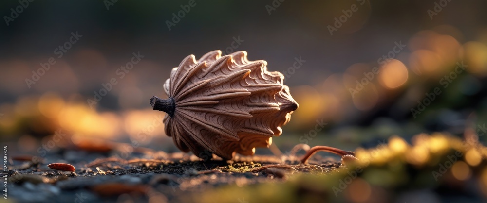 Poster pine nut resting on ground with soft bokeh background showcasing autumn colors and earthy textures i