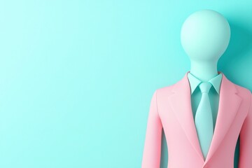 Cute cartoon mannequin in pastel suit studio setting digital illustration minimalist design eye-level view fashion concept