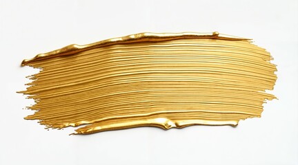 Bold metallic gold brushstroke on white backdrop, textured surface with organic drips, dynamic splatter effects, contemporary abstract art, luxury material aesthetics.