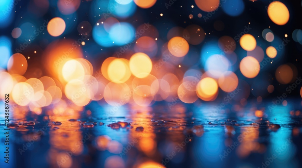 Poster bright colorful bokeh background with blurred lights reflecting on a wet surface creating a serene a