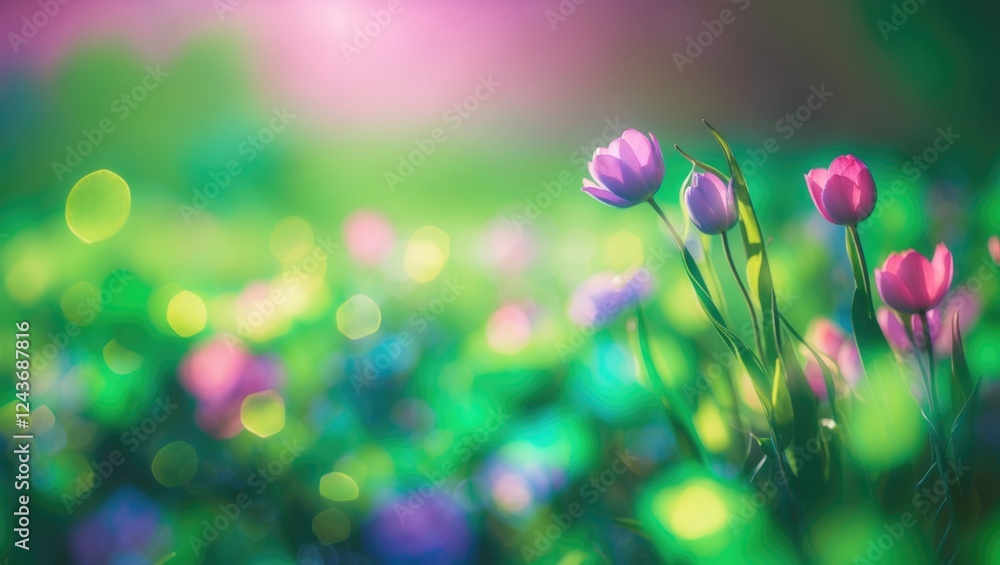 Poster spring garden with abstract blurred colors and soft-focus tulip flowers creating a dreamy background