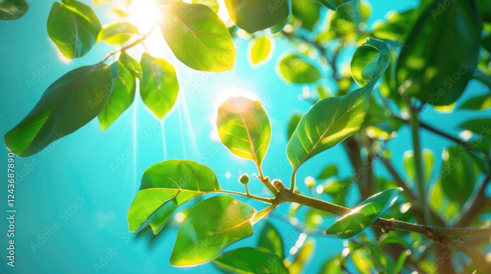 Poster sunlit green leaves creating a serene background with an overexposed effect ideal for copy space and