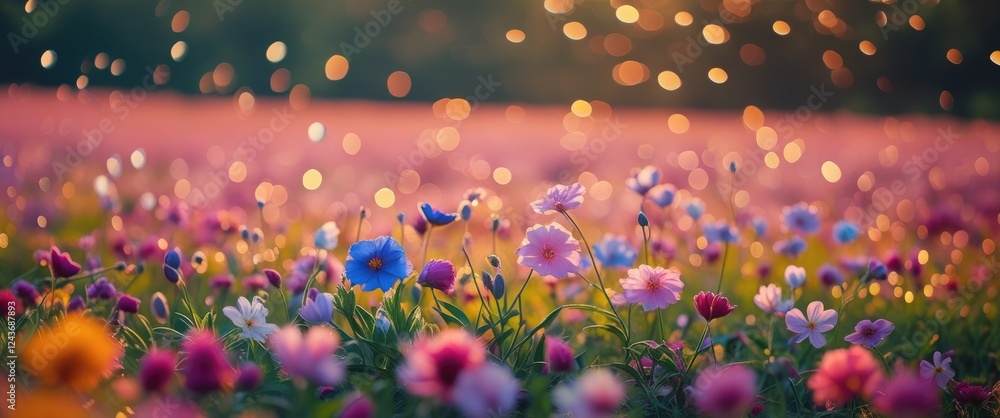 Poster bokeh effect on a vibrant flower field during sunset creating a dreamy and enchanting atmosphere for
