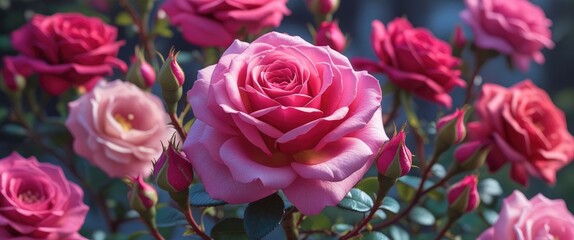 Fototapeta premium Vibrant close-up of blooming pink and red rose flowers in a garden showcasing lush petals and delicate buds. Ideal for floral designs and decor.
