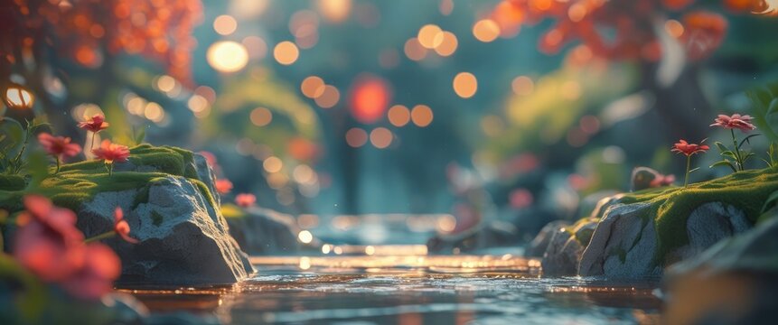 Blurry serene nature background with flowers and water ideal for motivational quotes and inspirational text placement. - Powered by Adobe