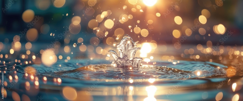 Poster a dreamy view of sunlight reflecting on bubbling water droplets in a fountain creating a mesmerizing