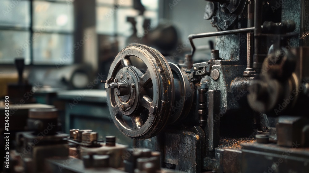 Aufkleber a close-up of an industrial machine component in a workshop setting.