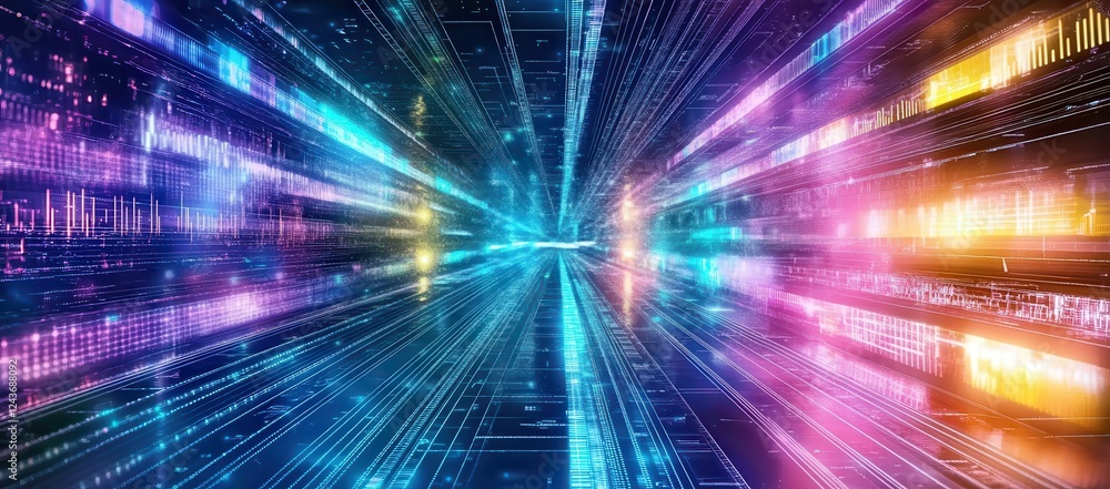 Poster abstract digital data stream through neon tunnel