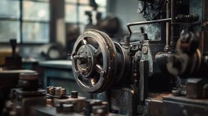 Fototapeta premium A close-up of an industrial machine component in a workshop setting.