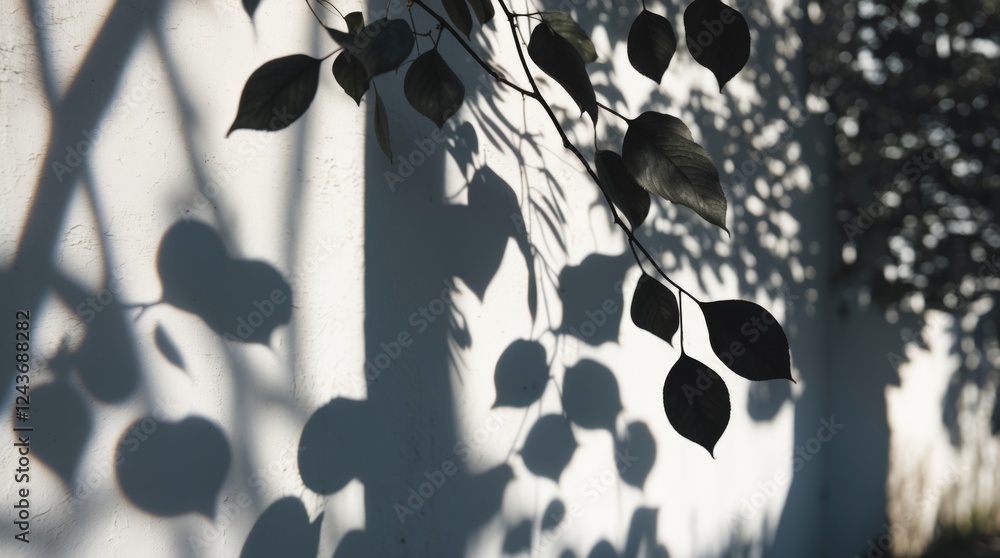 Poster shadows of leaves cast on a white wall creating an abstract monochrome texture highlighting nature's