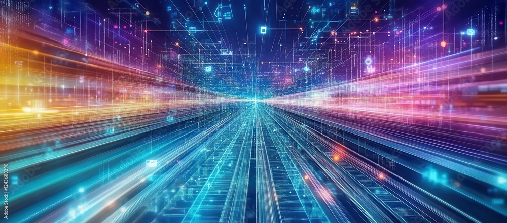 Aufkleber Abstract Digital Network Data Flow with Glowing Lines and Motion Blur