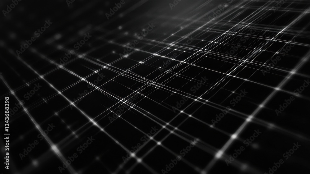 Poster abstract digital network grid: white points and lines on black background