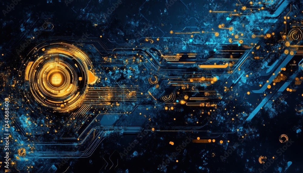 Poster abstract digital technology background with blue gold particles and motion blur