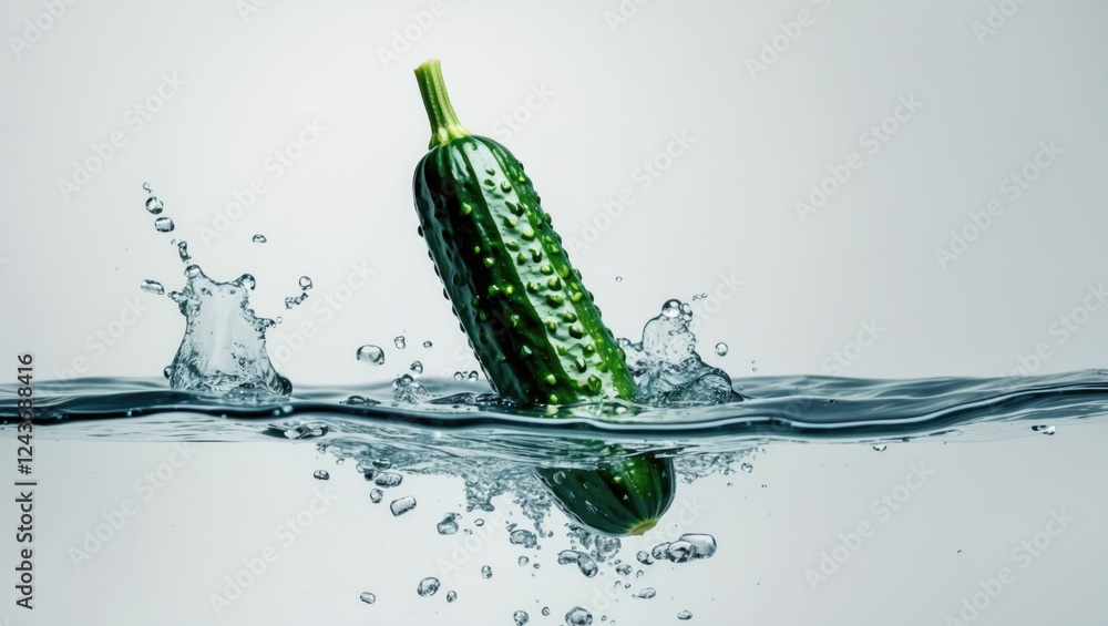 Poster fresh cucumber splashing into clear water creating dynamic ripples and bubbles on a white background