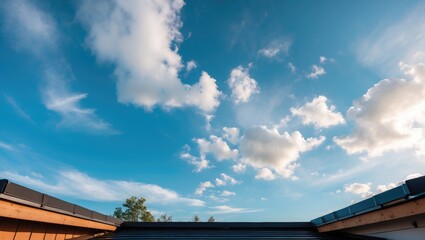 Obraz premium Scenic view of a bright blue sky with clouds from a rooftop perspective under natural sunlight in a serene outdoor setting.