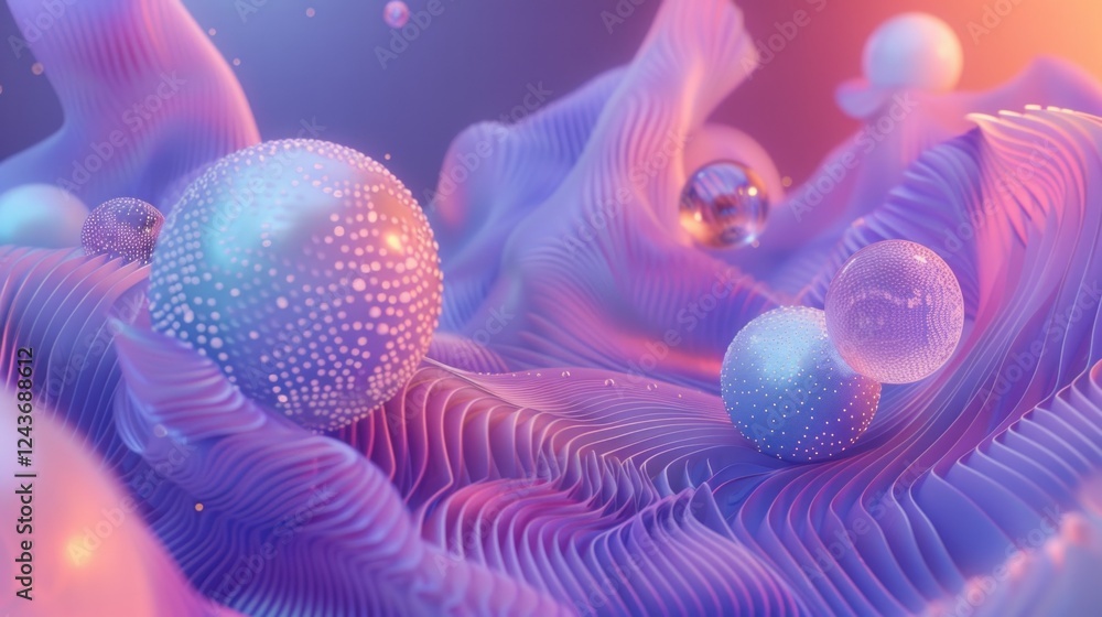 Poster a three-dimensional abstract composition with glowing spheres and complex shapes. stock photo --ar 1