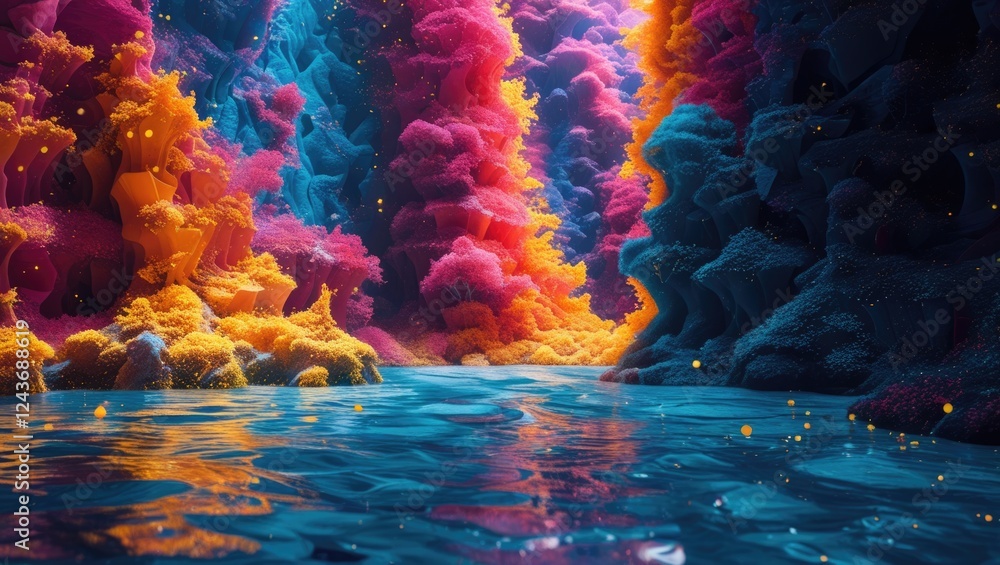 Poster vibrant abstract landscape with colorful textures and reflective water creating an immersive and dyn