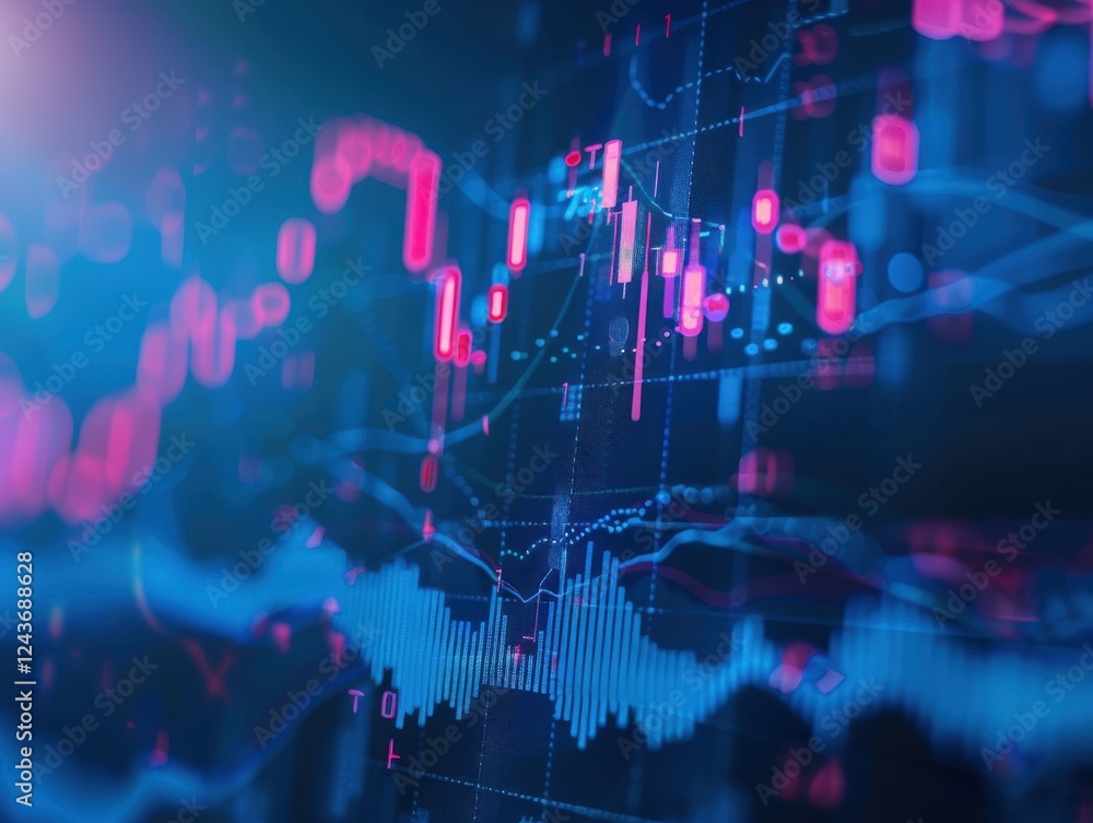 Poster abstract financial data visualization: dynamic blue and pink charts and graphs on digital screen