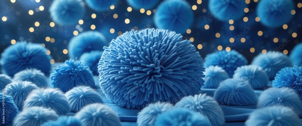 Poster blue pom pom background with soft textures and bokeh lights creating a whimsical and playful atmosph