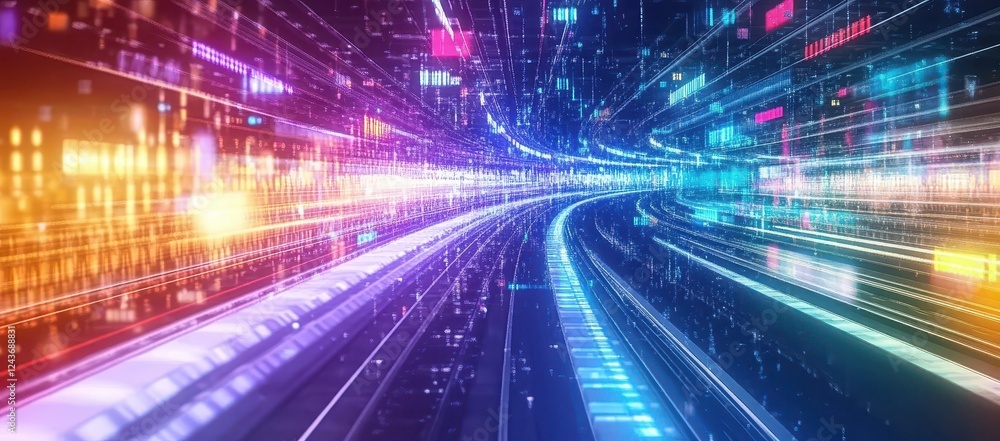 Poster abstract futuristic data tunnel with vibrant neon lights