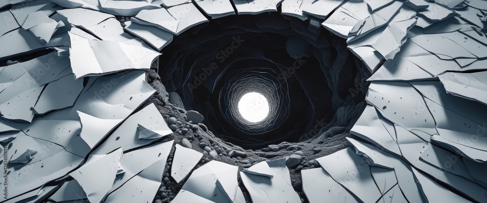 Poster abstract view of a black hole in fractured white paper conveying themes of emptiness and depth with 