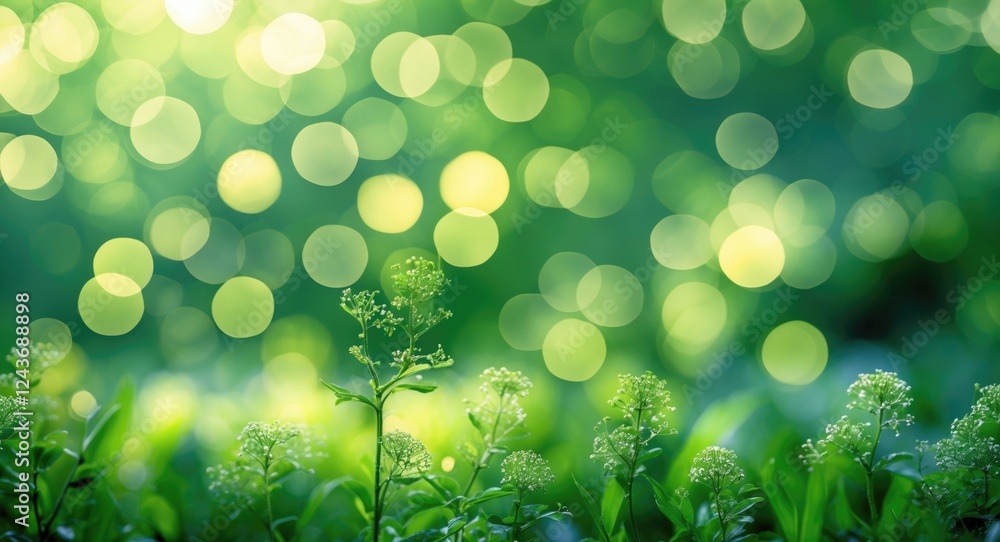 Poster lush green nature bokeh background creating a tranquil atmosphere with soft light and blurred foliag