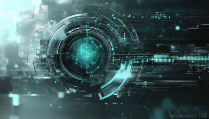 Abstract Futuristic Technology Background with Teal Data Streams and Central Sphere