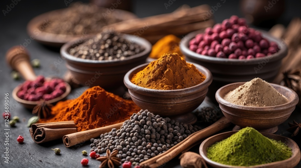 Poster assorted aromatic spices in wooden bowls with vibrant colors displayed in a rustic still life arrang