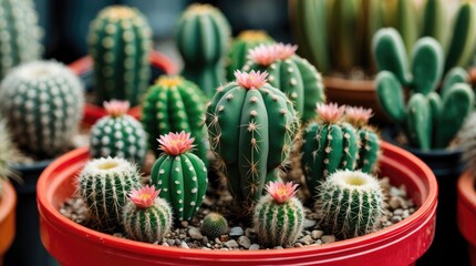 Colorful assortment of cacti blooming in a vibrant red plastic pot demonstrating natural beauty and intricate plant life.