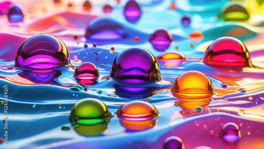 Poster vibrant abstract background with colorful oil droplets on a blurred water surface creating waves and